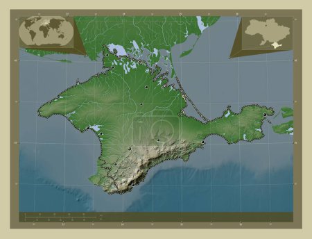 Foto de Crimea, república autónoma de Ucrania. Mapa de elevación coloreado en estilo wiki con lagos y ríos. Ubicaciones de las principales ciudades de la región. Mapas de ubicación auxiliares de esquina - Imagen libre de derechos
