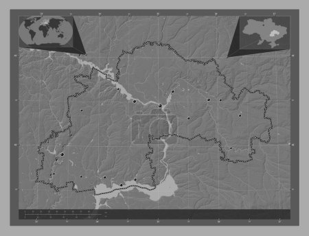 Foto de Dnipropetrovs 'k, región de Ucrania. Mapa de elevación de Bilevel con lagos y ríos. Ubicaciones de las principales ciudades de la región. Mapas de ubicación auxiliares de esquina - Imagen libre de derechos