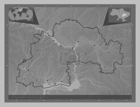 Photo for Dnipropetrovs'k, region of Ukraine. Grayscale elevation map with lakes and rivers. Locations of major cities of the region. Corner auxiliary location maps - Royalty Free Image