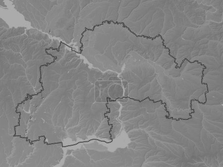Foto de Dnipropetrovs 'k, región de Ucrania. Mapa de elevación a escala de grises con lagos y ríos - Imagen libre de derechos