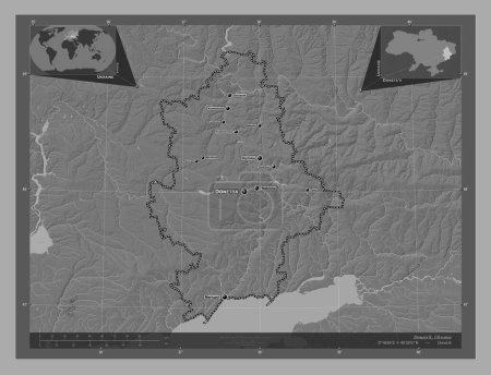 Foto de Donets 'k, región de Ucrania. Mapa de elevación de Bilevel con lagos y ríos. Ubicaciones y nombres de las principales ciudades de la región. Mapas de ubicación auxiliares de esquina - Imagen libre de derechos