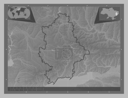 Photo for Donets'k, region of Ukraine. Grayscale elevation map with lakes and rivers. Corner auxiliary location maps - Royalty Free Image