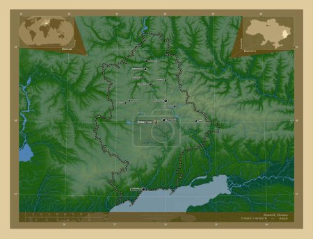 Foto de Donets 'k, región de Ucrania. Mapa de elevación de colores con lagos y ríos. Ubicaciones y nombres de las principales ciudades de la región. Mapas de ubicación auxiliares de esquina - Imagen libre de derechos