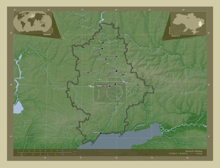 Téléchargez les photos : Donet'k, région d'Ukraine. Carte d'altitude colorée dans le style wiki avec des lacs et des rivières. Emplacements et noms des grandes villes de la région. Corner cartes de localisation auxiliaires - en image libre de droit