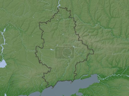 Foto de Donets 'k, región de Ucrania. Mapa de elevación coloreado en estilo wiki con lagos y ríos - Imagen libre de derechos