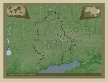 Foto de Donets 'k, región de Ucrania. Mapa de elevación coloreado en estilo wiki con lagos y ríos. Ubicaciones de las principales ciudades de la región. Mapas de ubicación auxiliares de esquina - Imagen libre de derechos