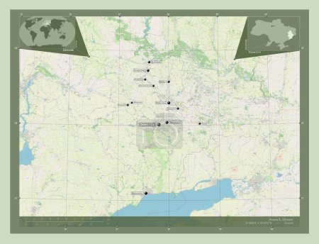 Téléchargez les photos : Donet'k, région d'Ukraine. Ouvrir la carte routière. Emplacements et noms des grandes villes de la région. Corner cartes de localisation auxiliaires - en image libre de droit