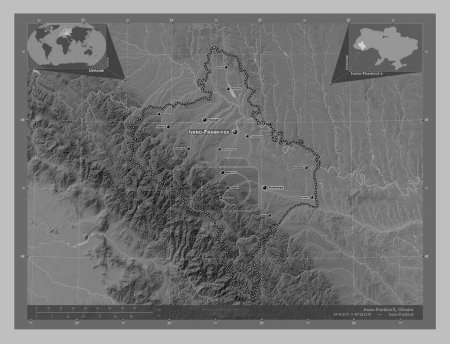 Photo for Ivano-Frankivs'k, region of Ukraine. Grayscale elevation map with lakes and rivers. Locations and names of major cities of the region. Corner auxiliary location maps - Royalty Free Image