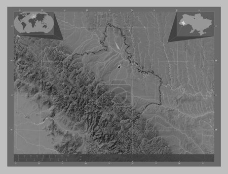 Photo for Ivano-Frankivs'k, region of Ukraine. Grayscale elevation map with lakes and rivers. Corner auxiliary location maps - Royalty Free Image