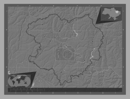 Foto de Kharkiv, región de Ucrania. Mapa de elevación de Bilevel con lagos y ríos. Ubicaciones de las principales ciudades de la región. Mapas de ubicación auxiliares de esquina - Imagen libre de derechos
