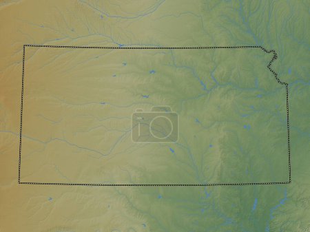 Foto de Kansas, estado de los Estados Unidos de América. Mapa de elevación de colores con lagos y ríos - Imagen libre de derechos