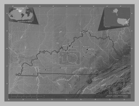 Foto de Kentucky, estado de los Estados Unidos de América. Mapa de elevación a escala de grises con lagos y ríos. Ubicaciones y nombres de las principales ciudades de la región. Mapas de ubicación auxiliares de esquina - Imagen libre de derechos