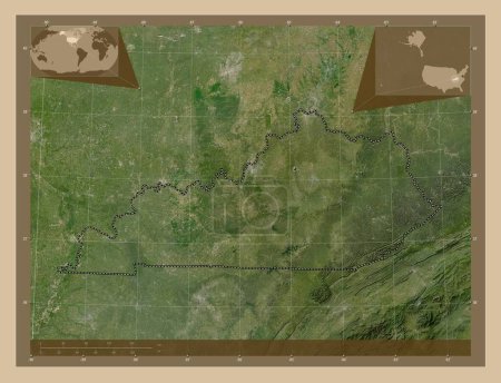 Téléchargez les photos : Kentucky, État des États-Unis d'Amérique. Carte satellite basse résolution. Corner cartes de localisation auxiliaires - en image libre de droit
