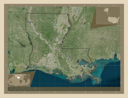 Foto de Louisiana, estado de los Estados Unidos de América. Mapa satelital de alta resolución. Ubicaciones de las principales ciudades de la región. Mapas de ubicación auxiliares de esquina - Imagen libre de derechos