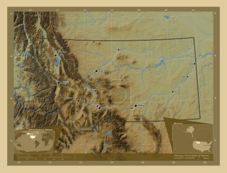 Foto de Montana, estado de los Estados Unidos de América. Mapa de elevación de colores con lagos y ríos. Ubicaciones y nombres de las principales ciudades de la región. Mapas de ubicación auxiliares de esquina - Imagen libre de derechos