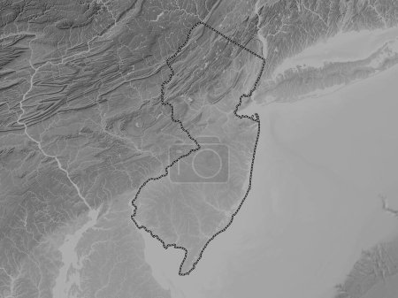 Téléchargez les photos : New Jersey, État des États-Unis d'Amérique. Carte d'altitude en niveaux de gris avec lacs et rivières - en image libre de droit