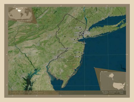 Foto de Nueva Jersey, estado de los Estados Unidos de América. Mapa satelital de alta resolución. Ubicaciones y nombres de las principales ciudades de la región. Mapas de ubicación auxiliares de esquina - Imagen libre de derechos