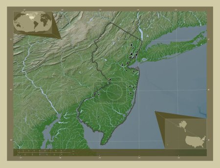 Foto de Nueva Jersey, estado de los Estados Unidos de América. Mapa de elevación coloreado en estilo wiki con lagos y ríos. Ubicaciones de las principales ciudades de la región. Mapas de ubicación auxiliares de esquina - Imagen libre de derechos