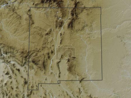 Téléchargez les photos : Nouveau-Mexique, État des États-Unis d'Amérique. Carte d'altitude colorée dans le style wiki avec des lacs et des rivières - en image libre de droit
