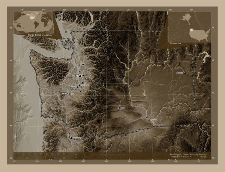 Téléchargez les photos : Washington, État des États-Unis d'Amérique. Carte d'altitude colorée dans des tons sépia avec des lacs et des rivières. Emplacements et noms des grandes villes de la région. Corner cartes de localisation auxiliaires - en image libre de droit