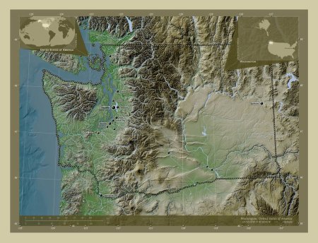 Téléchargez les photos : Washington, État des États-Unis d'Amérique. Carte d'altitude colorée dans le style wiki avec des lacs et des rivières. Emplacements et noms des grandes villes de la région. Corner cartes de localisation auxiliaires - en image libre de droit