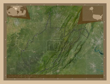Foto de Virginia Occidental, estado de los Estados Unidos de América. Mapa satelital de baja resolución. Ubicaciones de las principales ciudades de la región. Mapas de ubicación auxiliares de esquina - Imagen libre de derechos
