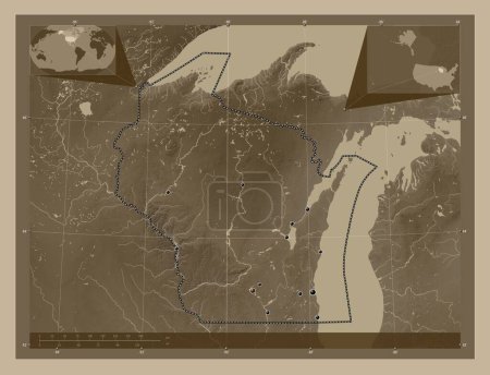 Foto de Wisconsin, estado de los Estados Unidos de América. Mapa de elevación coloreado en tonos sepia con lagos y ríos. Ubicaciones de las principales ciudades de la región. Mapas de ubicación auxiliares de esquina - Imagen libre de derechos
