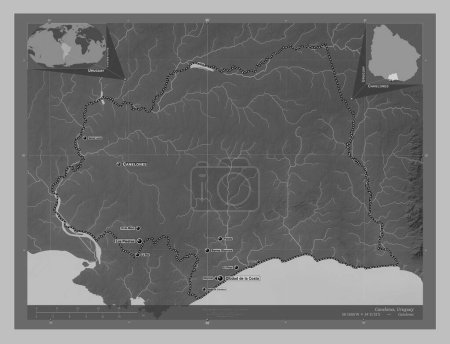 Foto de Canelones, departamento de Uruguay. Mapa de elevación a escala de grises con lagos y ríos. Ubicaciones y nombres de las principales ciudades de la región. Mapas de ubicación auxiliares de esquina - Imagen libre de derechos