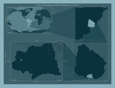 Foto de Canelones, departamento de Uruguay. Diagrama que muestra la ubicación de la región en mapas a gran escala. Composición de marcos vectoriales y formas PNG sobre un fondo sólido - Imagen libre de derechos