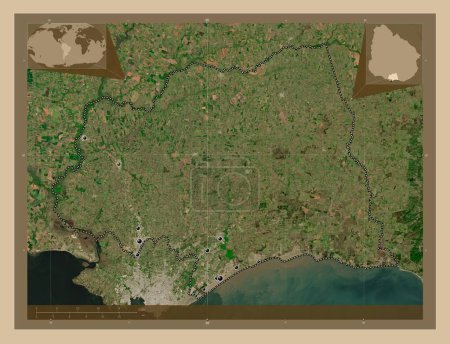 Foto de Canelones, departamento de Uruguay. Mapa satelital de baja resolución. Ubicaciones de las principales ciudades de la región. Mapas de ubicación auxiliares de esquina - Imagen libre de derechos