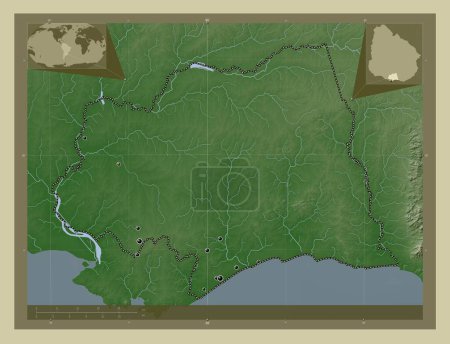 Foto de Canelones, departamento de Uruguay. Mapa de elevación coloreado en estilo wiki con lagos y ríos. Ubicaciones de las principales ciudades de la región. Mapas de ubicación auxiliares de esquina - Imagen libre de derechos