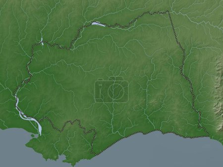 Téléchargez les photos : Canelones, département de l'Uruguay. Carte d'altitude colorée dans le style wiki avec des lacs et des rivières - en image libre de droit