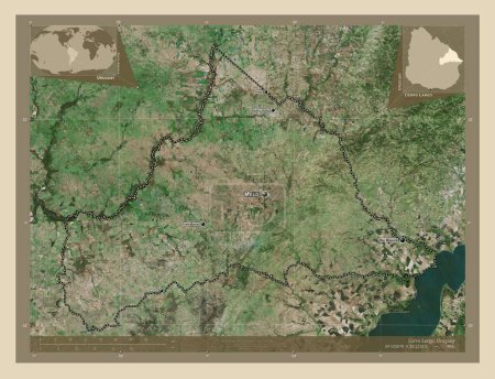 Foto de Cerro Largo, departamento de Uruguay. Mapa satelital de alta resolución. Ubicaciones y nombres de las principales ciudades de la región. Mapas de ubicación auxiliares de esquina - Imagen libre de derechos