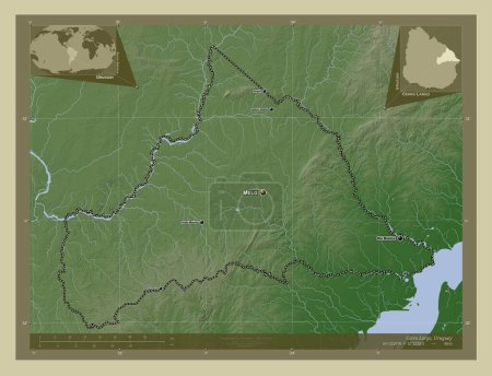 Foto de Cerro Largo, departamento de Uruguay. Mapa de elevación coloreado en estilo wiki con lagos y ríos. Ubicaciones y nombres de las principales ciudades de la región. Mapas de ubicación auxiliares de esquina - Imagen libre de derechos