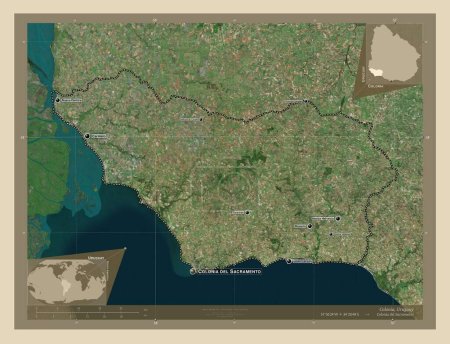 Foto de Colonia, departamento de Uruguay. Mapa satelital de alta resolución. Ubicaciones y nombres de las principales ciudades de la región. Mapas de ubicación auxiliares de esquina - Imagen libre de derechos