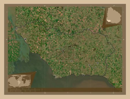 Foto de Colonia, departamento de Uruguay. Mapa satelital de baja resolución. Ubicaciones de las principales ciudades de la región. Mapas de ubicación auxiliares de esquina - Imagen libre de derechos