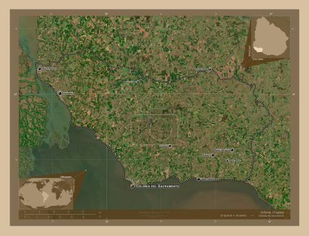 Foto de Colonia, departamento de Uruguay. Mapa satelital de baja resolución. Ubicaciones y nombres de las principales ciudades de la región. Mapas de ubicación auxiliares de esquina - Imagen libre de derechos
