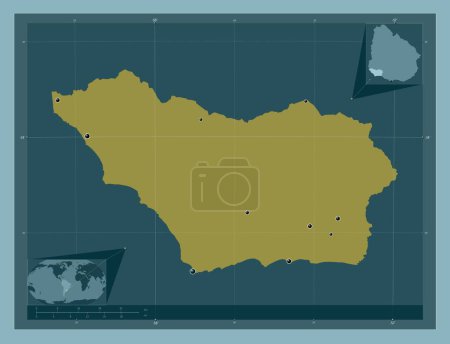 Foto de Colonia, departamento de Uruguay. Forma de color sólido. Ubicaciones de las principales ciudades de la región. Mapas de ubicación auxiliares de esquina - Imagen libre de derechos