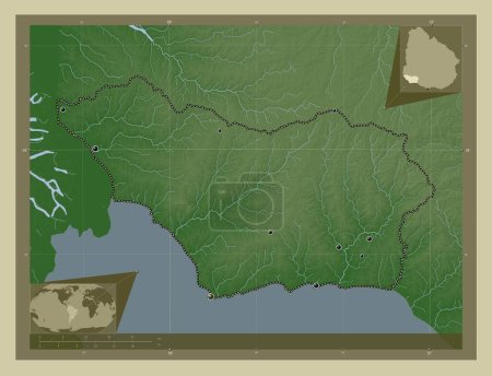 Foto de Colonia, departamento de Uruguay. Mapa de elevación coloreado en estilo wiki con lagos y ríos. Ubicaciones de las principales ciudades de la región. Mapas de ubicación auxiliares de esquina - Imagen libre de derechos