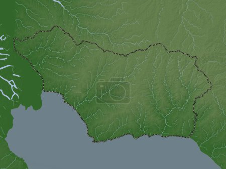 Foto de Colonia, departamento de Uruguay. Mapa de elevación coloreado en estilo wiki con lagos y ríos - Imagen libre de derechos