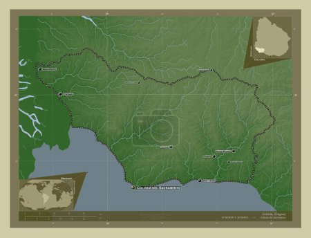 Foto de Colonia, departamento de Uruguay. Mapa de elevación coloreado en estilo wiki con lagos y ríos. Ubicaciones y nombres de las principales ciudades de la región. Mapas de ubicación auxiliares de esquina - Imagen libre de derechos