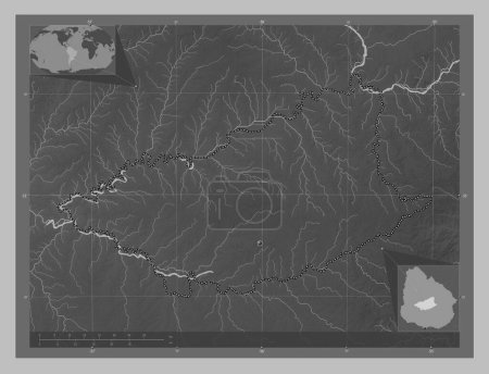 Photo for Durazno, department of Uruguay. Grayscale elevation map with lakes and rivers. Corner auxiliary location maps - Royalty Free Image