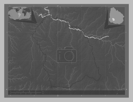 Téléchargez les photos : Flores, département de l'Uruguay. Carte d'altitude en niveaux de gris avec lacs et rivières. Emplacements des grandes villes de la région. Corner cartes de localisation auxiliaires - en image libre de droit