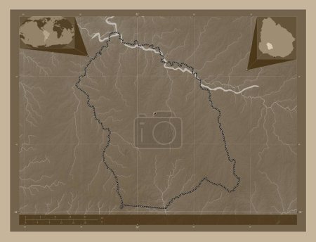 Photo for Flores, department of Uruguay. Elevation map colored in sepia tones with lakes and rivers. Locations of major cities of the region. Corner auxiliary location maps - Royalty Free Image