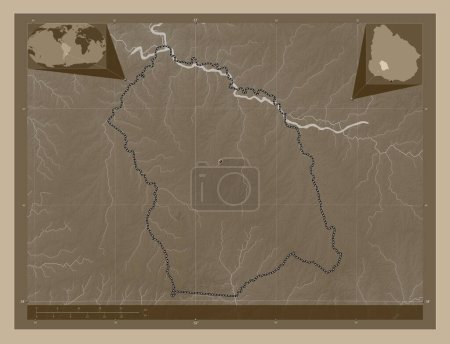Photo for Flores, department of Uruguay. Elevation map colored in sepia tones with lakes and rivers. Corner auxiliary location maps - Royalty Free Image