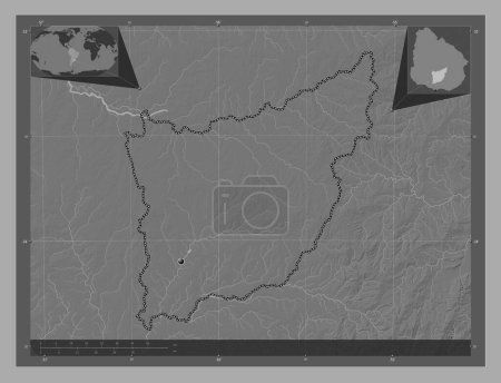 Téléchargez les photos : Floride, département de l'Uruguay. Carte d'altitude de Bilevel avec lacs et rivières. Corner cartes de localisation auxiliaires - en image libre de droit