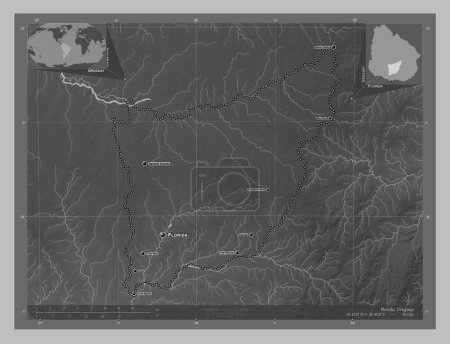 Photo for Florida, department of Uruguay. Grayscale elevation map with lakes and rivers. Locations and names of major cities of the region. Corner auxiliary location maps - Royalty Free Image