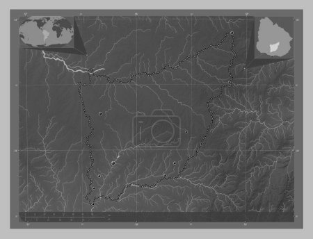 Photo for Florida, department of Uruguay. Grayscale elevation map with lakes and rivers. Locations of major cities of the region. Corner auxiliary location maps - Royalty Free Image