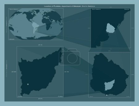 Téléchargez les photos : Floride, département de l'Uruguay. Diagramme montrant l'emplacement de la région sur des cartes à plus grande échelle. Composition des cadres vectoriels et des formes PNG sur un fond solide - en image libre de droit
