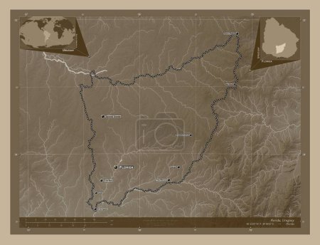 Photo for Florida, department of Uruguay. Elevation map colored in sepia tones with lakes and rivers. Locations and names of major cities of the region. Corner auxiliary location maps - Royalty Free Image